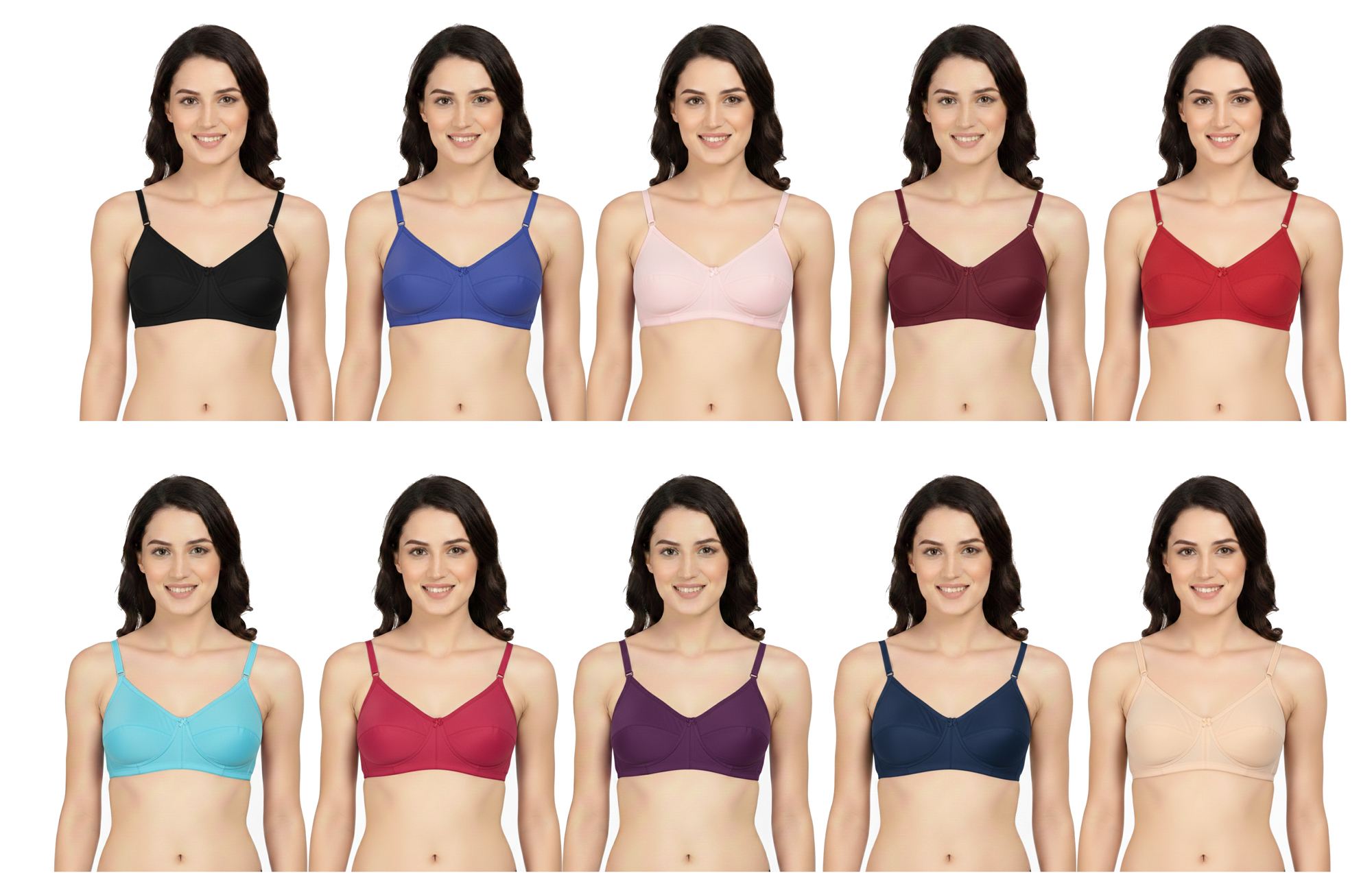 GBROS Women's Cotton Non-Padded Everyday Bra Pack of 10 | Soft, Breathable, Wire-Free, Full Coverage, Comfortable Daily Wear Bra