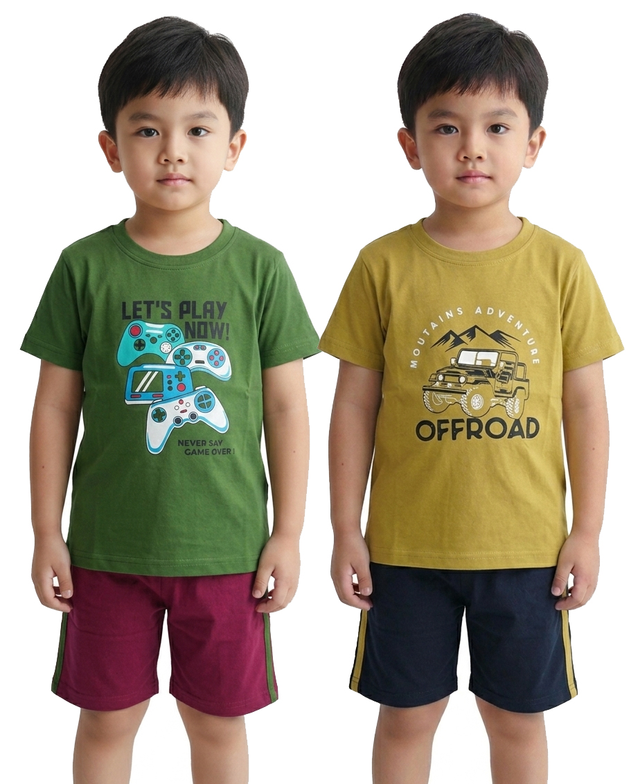 Boys 100% Cotton Printed T-Shirt and Shorts Set (Pack of 2) | Soft Daily Wear Casual Clothing Combo Set for Kids (Age 1–8 Years)